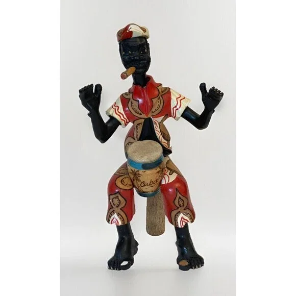 CUBA Folk Art Man Musician Drummer Hand-Carved Hand-Painted 17 WOOD Sculpture